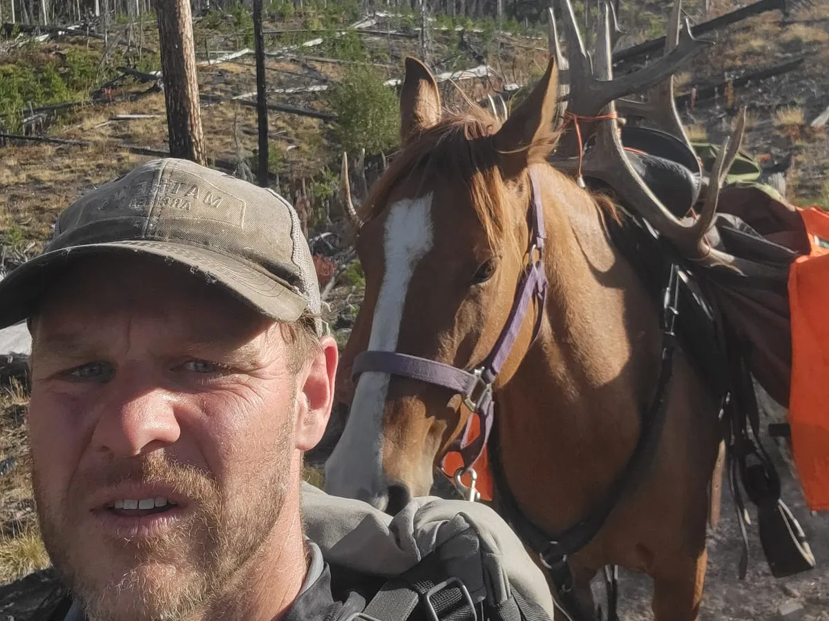 DealProof founder MADGRZ with a pack horse carrying elk antlers in the Montana backcountry